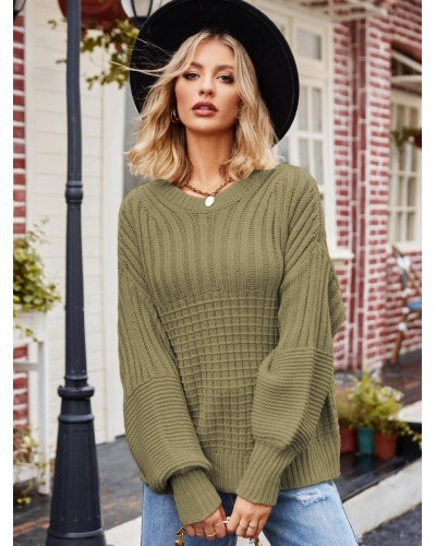 Women Pullovers Green Jewel Neck Long Sleeves Acrylic Sweaters Casual Fall Winter