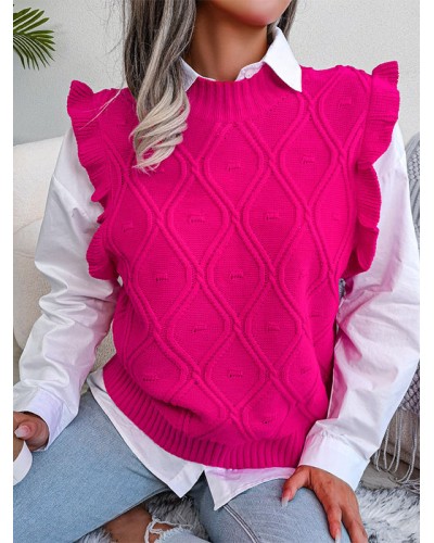 Women Pullover Sweater Rose Ruffles Jewel Neck Sleeveless Acrylic Sweaters Retro Casual Spring Fall Winter