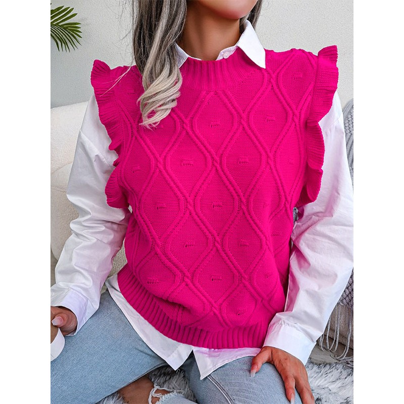 Women Pullover Sweater Rose Ruffles Jewel Neck Sleeveless Acrylic Sweaters Retro Casual Spring Fall Winter