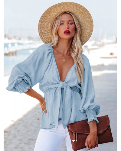 Shirt For Women Light Sky Blue V-Neck Lace Up Pleated Long Sleeves Tops Casual Street Wear Daily Casual