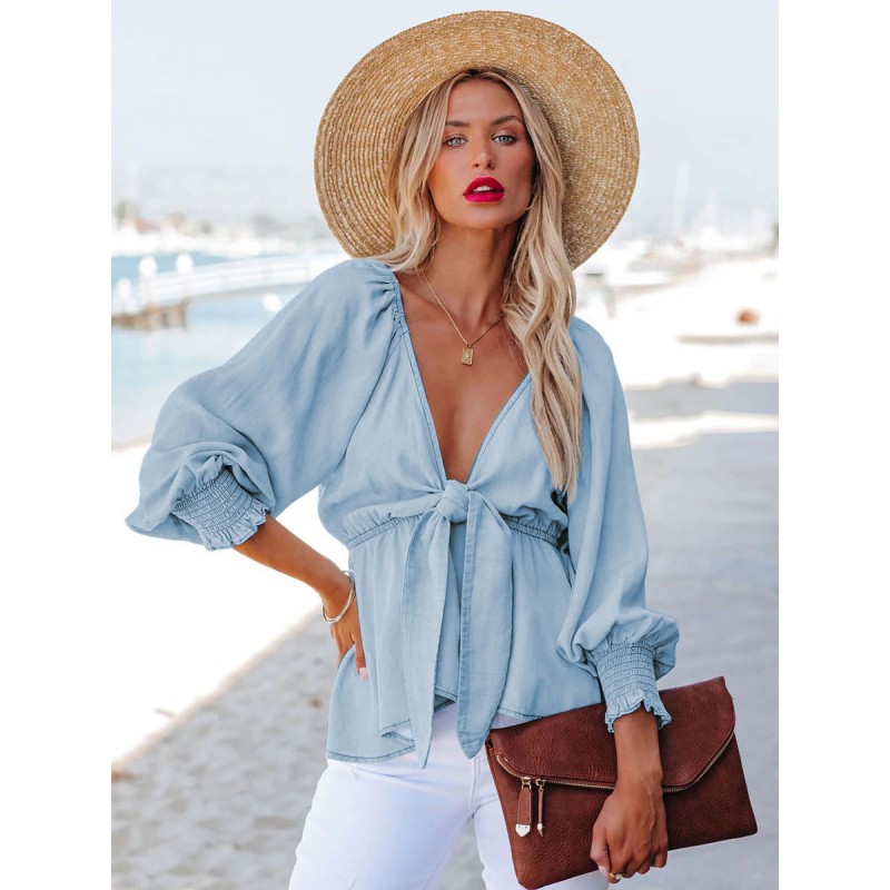 Shirt For Women Light Sky Blue V-Neck Lace Up Pleated Long Sleeves Tops Casual Street Wear Daily Casual