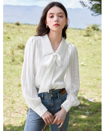 Women Blouse White Turndown Collar Long Sleeves Tops Casual Fall Winter