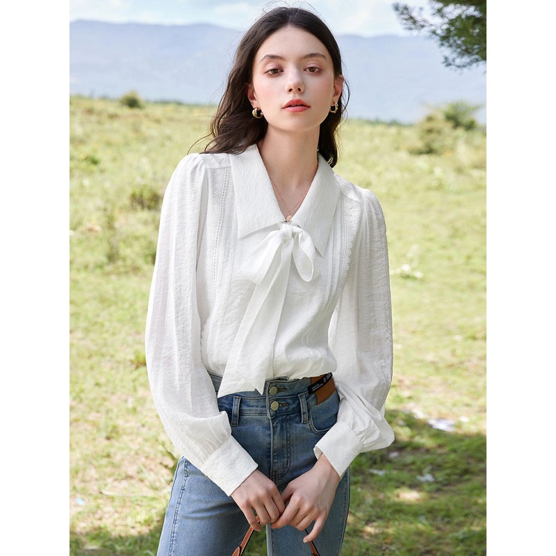 Women Blouse White Turndown Collar Long Sleeves Tops Casual Fall Winter