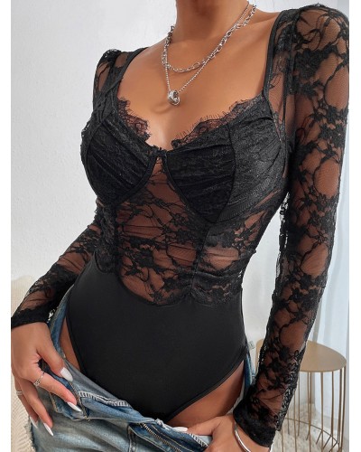 Long Sleeves Corset Sweetheart Bodysuit Black Women Tops Sexy Indoor Dating