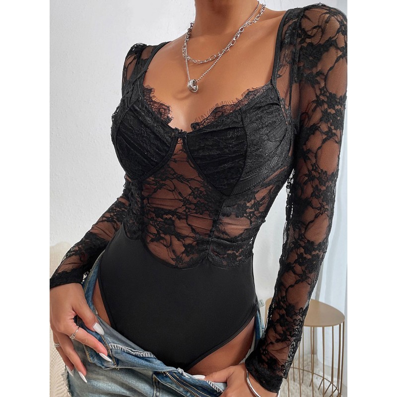 Long Sleeves Corset Sweetheart Bodysuit Black Women Tops Sexy Indoor Dating