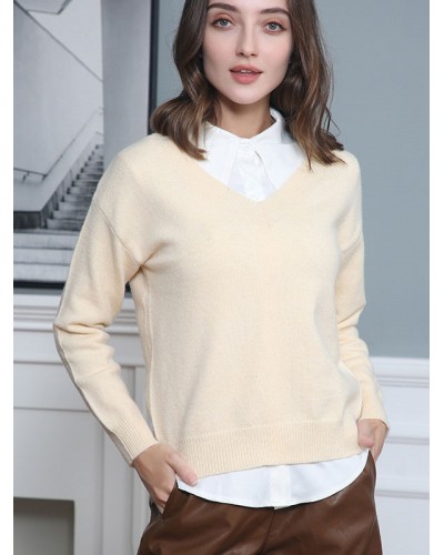 Women Pullovers Gray V-Neck Long Sleeves Sweaters Casual Spring Fall