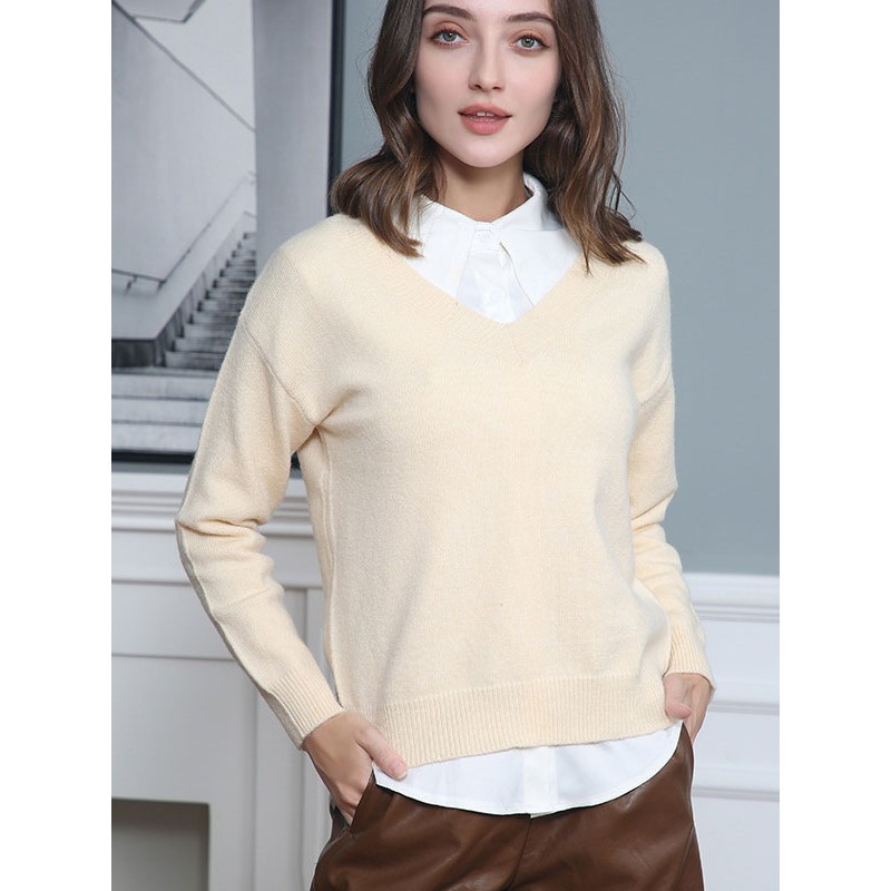 Women Pullovers Gray V-Neck Long Sleeves Sweaters Casual Spring Fall