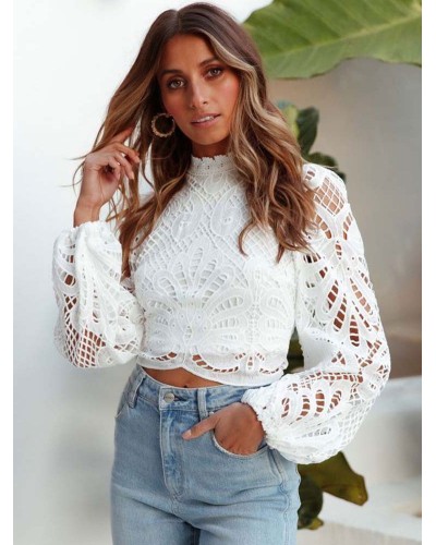 Women Shirt White Cut Out Jewel Neck Long Sleeves Tops Casual Street Wear