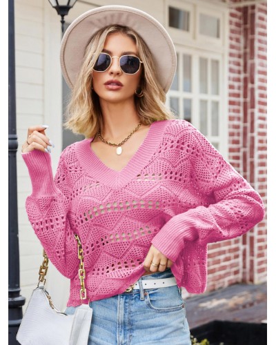 Women Pullover Sweater Rose Cut Out V-Neck Long Sleeves Acrylic Sweaters Casual Street Wear Daily Casual