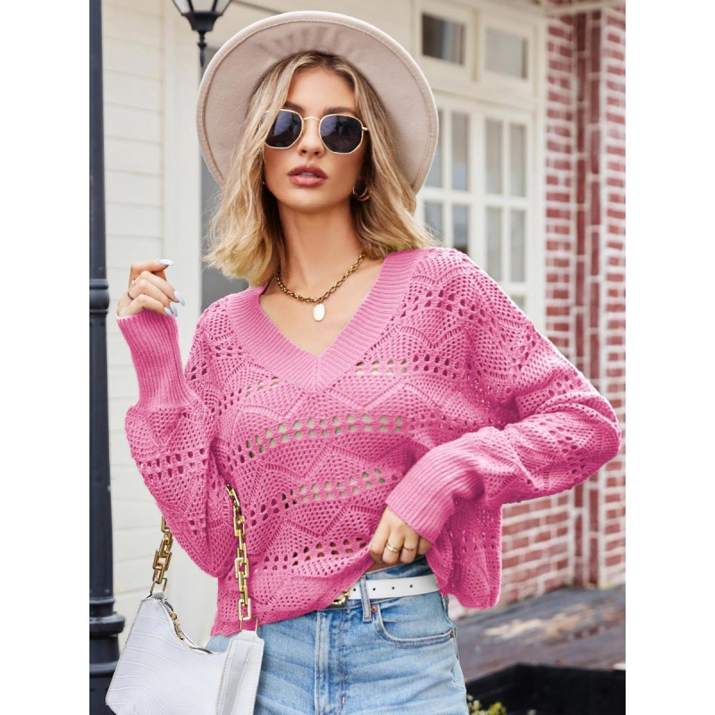 Women Pullover Sweater Rose Cut Out V-Neck Long Sleeves Acrylic Sweaters Casual Street Wear Daily Casual