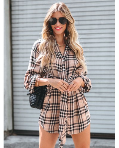 Shirt For Women Khaki Turndown Collar Plaid Lace Up Buttons Long Sleeves Tops Sexy Street Wear