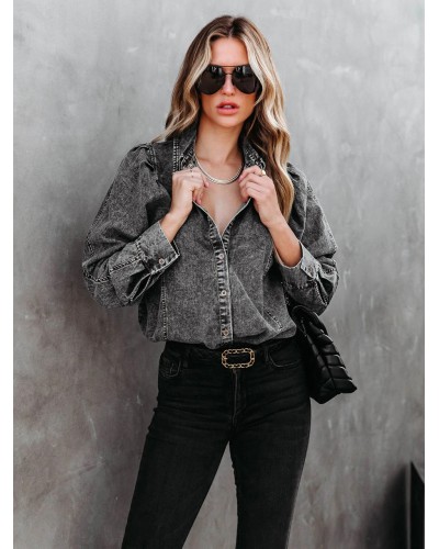 Blouse For Women Black Denim Turndown Collar Long Sleeves Tops Casual Street Wear Field Office  Career