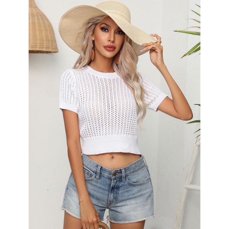 Short Sleeves Tees White Acrylic Cut Out Jewel Neck Women Tee Shirt Chic  Modern Daily Casual Resort Wear