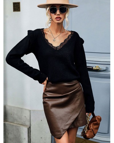 Pullovers For Women Black Lace V-Neck Long Sleeves Sweaters Casual Field