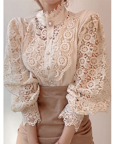 Blouse For Women Pink Lace Cut Out High Collar Long Sleeves Lace Tops Casual Street Wear Daily Casual Indoor Field