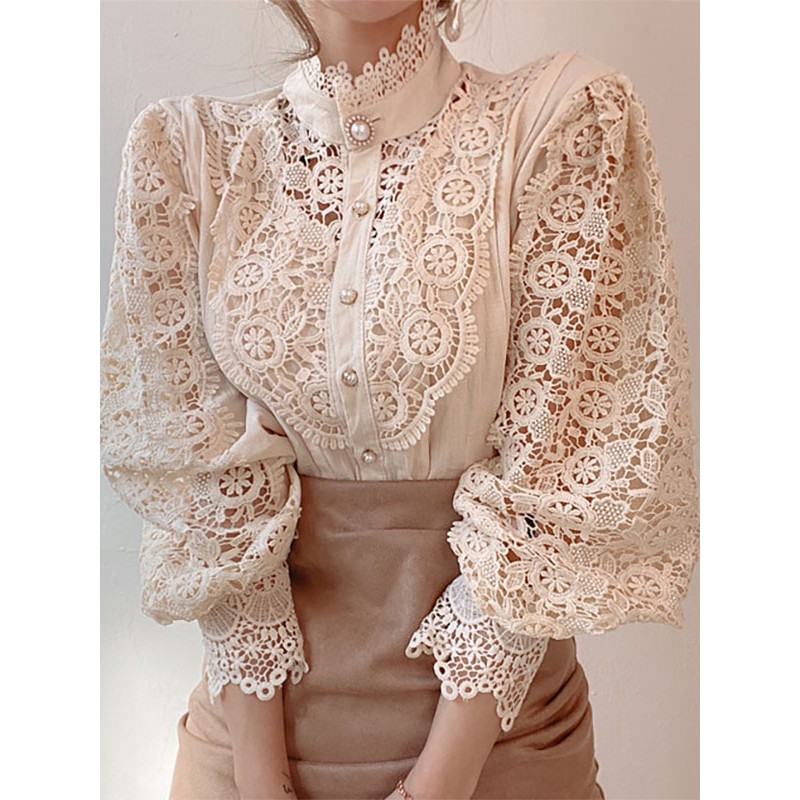 Blouse For Women Pink Lace Cut Out High Collar Long Sleeves Lace Tops Casual Street Wear Daily Casual Indoor Field