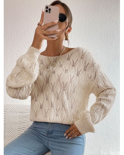 Women Pullovers Light Apricot Jewel Neck Long Sleeves Cotton Sweaters Casual Fall Winter