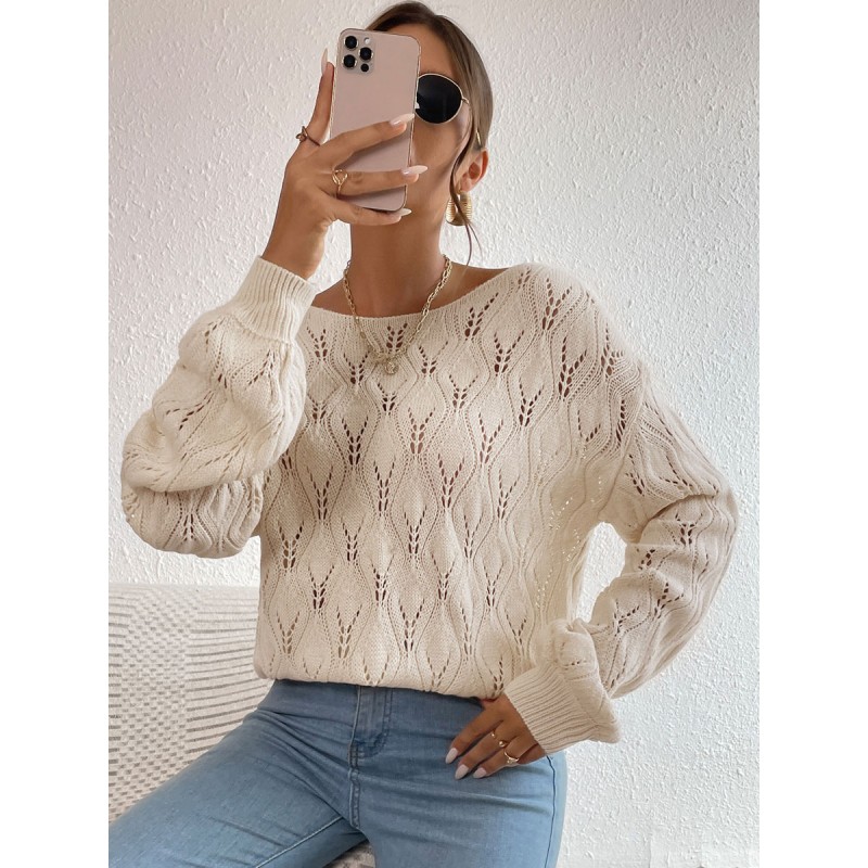 Women Pullovers Light Apricot Jewel Neck Long Sleeves Cotton Sweaters Casual Fall Winter