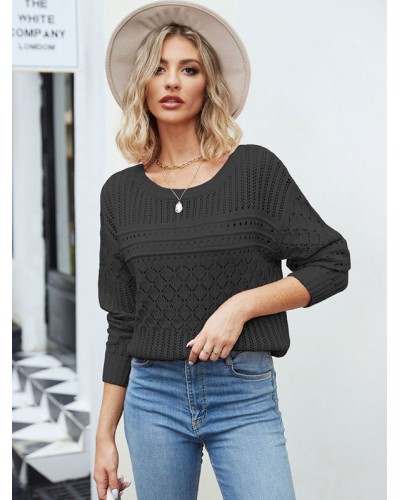 Women Pullover Sweater Black Cut Out Jewel Neck Long Sleeves Acrylic Sweaters Casual Street Wear Daily Casual