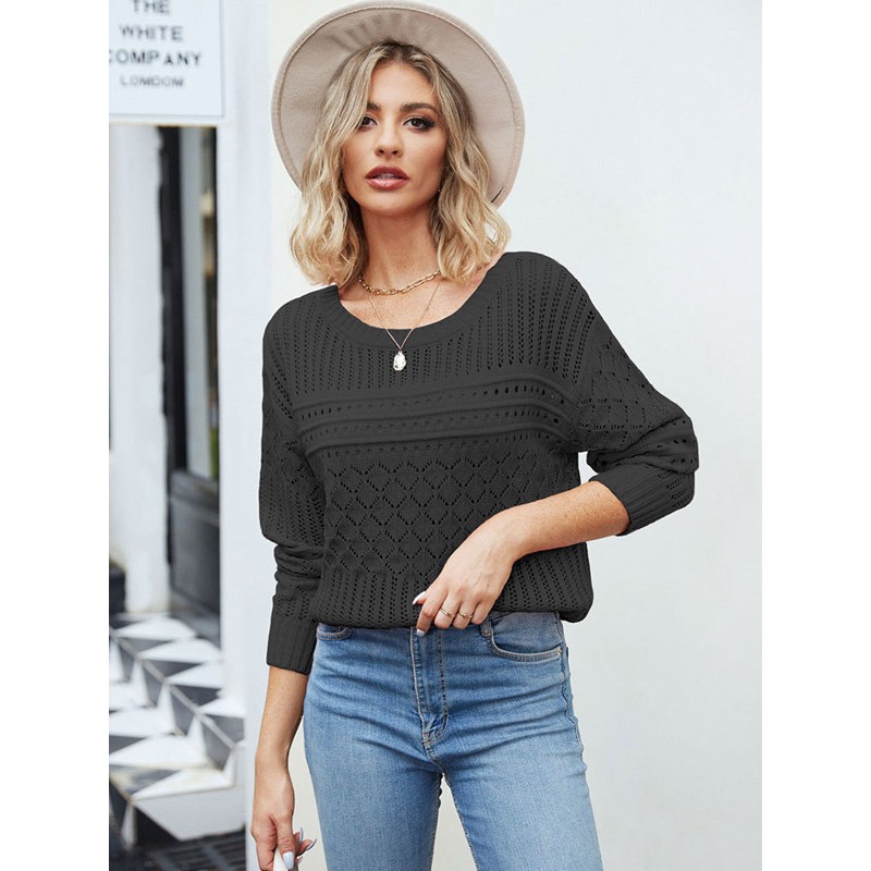 Women Pullover Sweater Black Cut Out Jewel Neck Long Sleeves Acrylic Sweaters Casual Street Wear Daily Casual