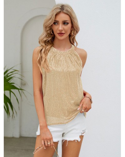 Women Champagne Cami Top Jewel Neck Sequins Chic Sequined Camis Chic  Modern Daily Casual Street Wear