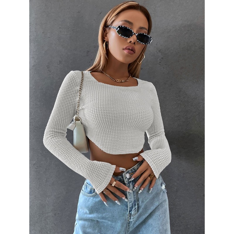 Women Long Sleeves Tees White Square Neck Tee Shirt Casual Spring Fall