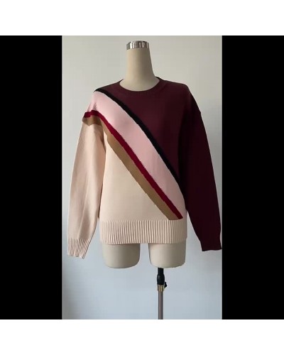 Women Pullovers Coffee Brown Color Block Jewel Neck Long Sleeves Acrylic Sweaters Casual Spring Fall Winter