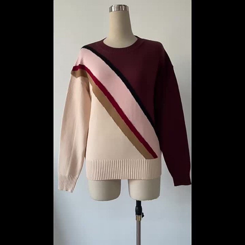 Women Pullovers Coffee Brown Color Block Jewel Neck Long Sleeves Acrylic Sweaters Casual Spring Fall Winter