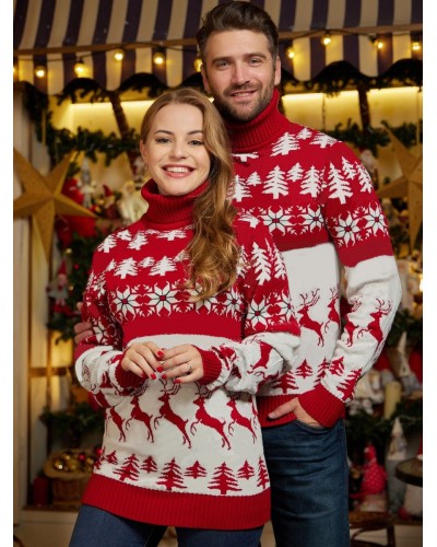 Men Women Couple's Pullovers High Collar 2023 Knit Sweaters Street Wear Indoor Field Christmas