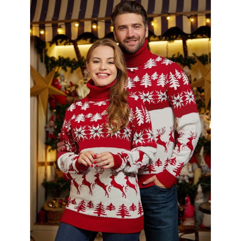 Men Women Couple's Pullovers High Collar 2023 Knit Sweaters Street Wear Indoor Field Christmas