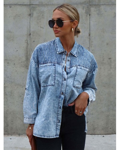 Women Blouse Pockets Turndown Collar Denim Tops Chic  Modern Casual Street Wear Daily Casual