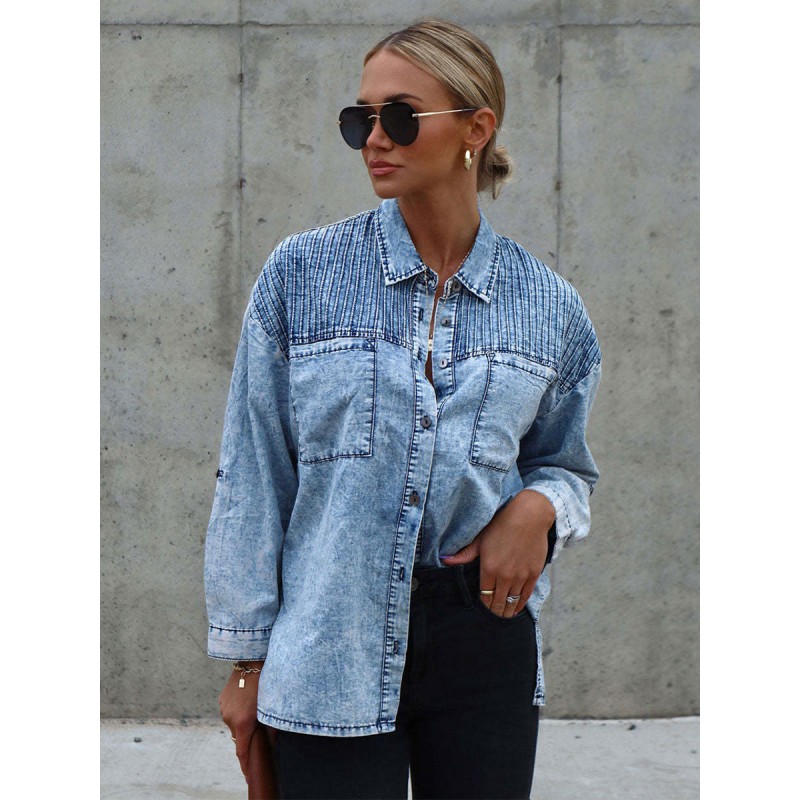 Women Blouse Pockets Turndown Collar Denim Tops Chic  Modern Casual Street Wear Daily Casual