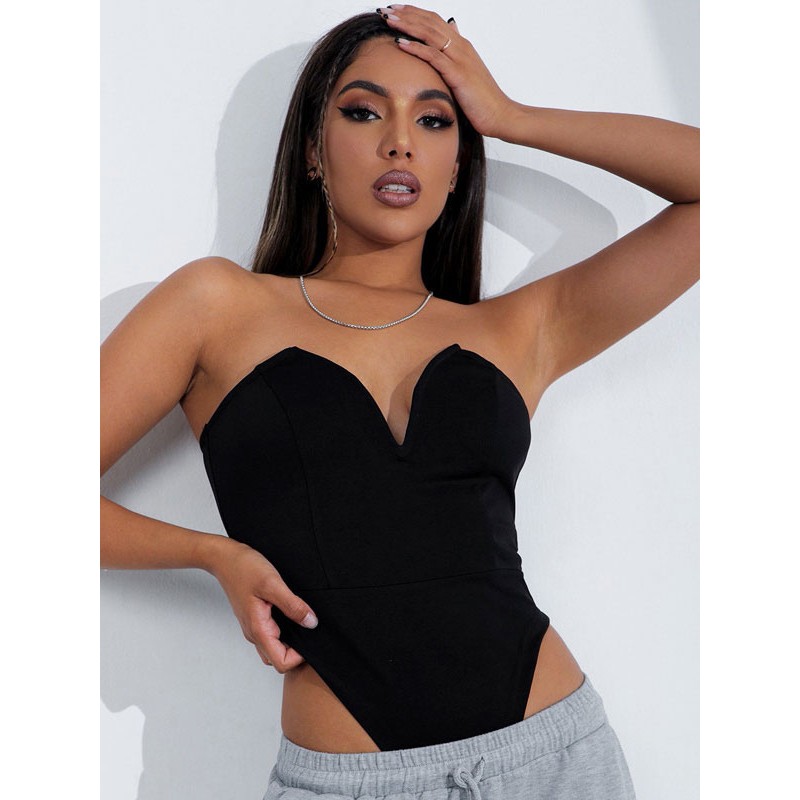 Women Sleeveless Bodysuit Black Strapless Top Casual Spring Summer Fall