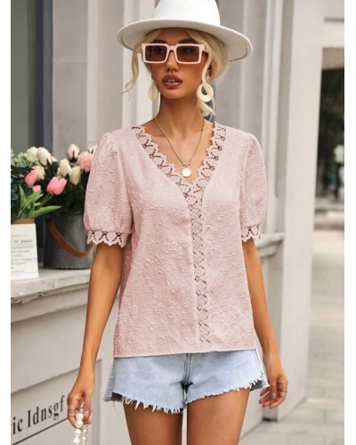 Women Blouse Pink V-Neck Short Sleeves Tops Casual Summer