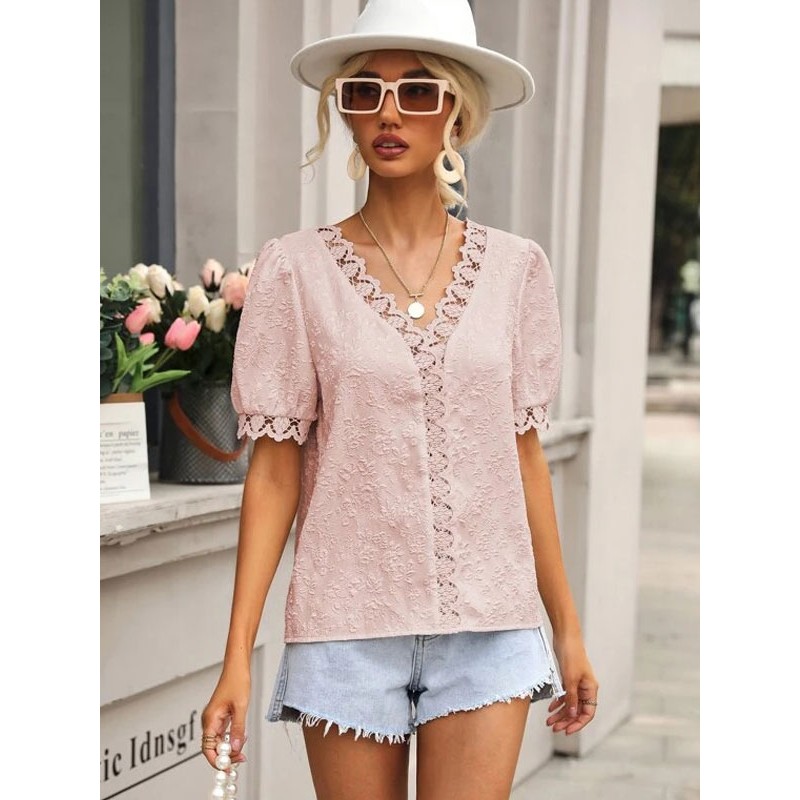 Women Blouse Pink V-Neck Short Sleeves Tops Casual Summer