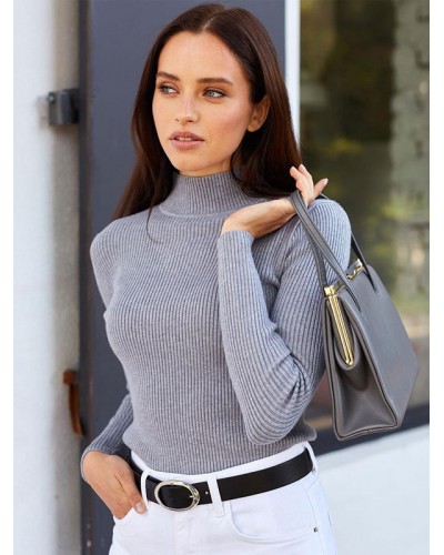 Women Pullovers Tops Gray High Collar Long Sleeves Sweaters Chic  Modern Casual Spring Fall