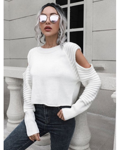 Pullovers For Women White Cut Out Jewel Neck Long Sleeves Acrylic Sweaters Casual Street Wear Dating