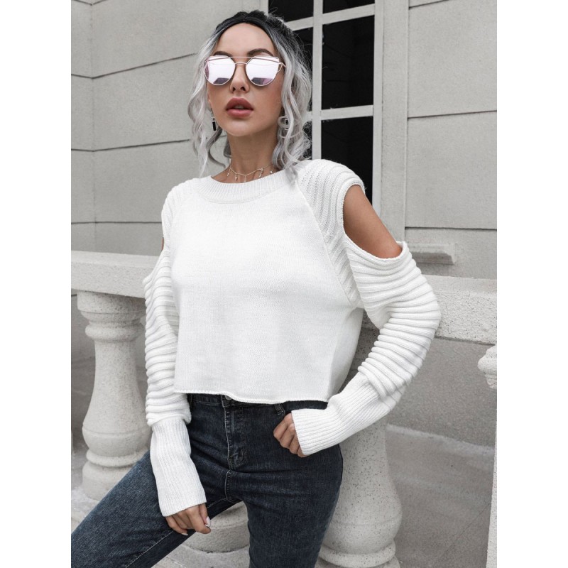 Pullovers For Women White Cut Out Jewel Neck Long Sleeves Acrylic Sweaters Casual Street Wear Dating