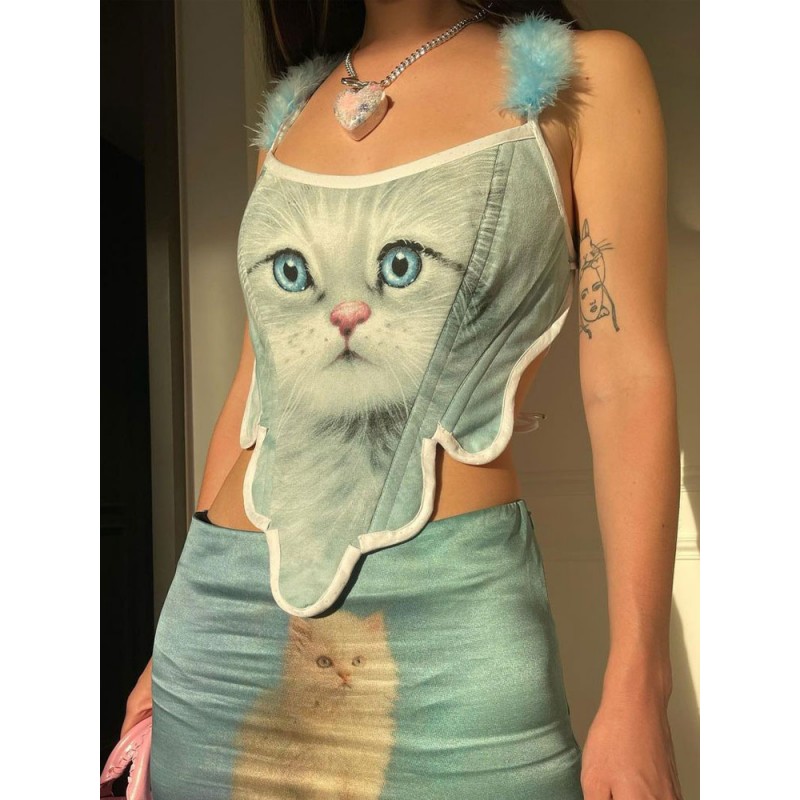 Women Light Sky Blue Cami Top Bateau Neck Animal Print Backless Camis Sexy Street Wear