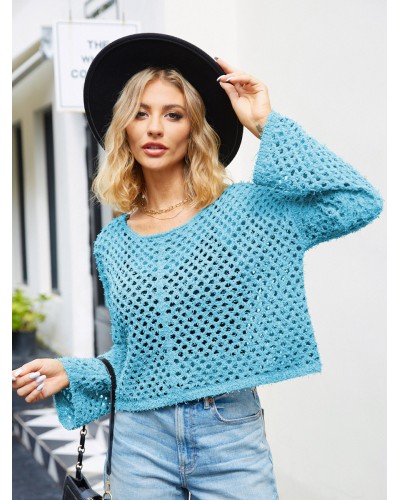 Women Pullover Sweater Blue Cut Out Jewel Neck Long Sleeves Acrylic Sweaters Casual Street Wear Daily Casual