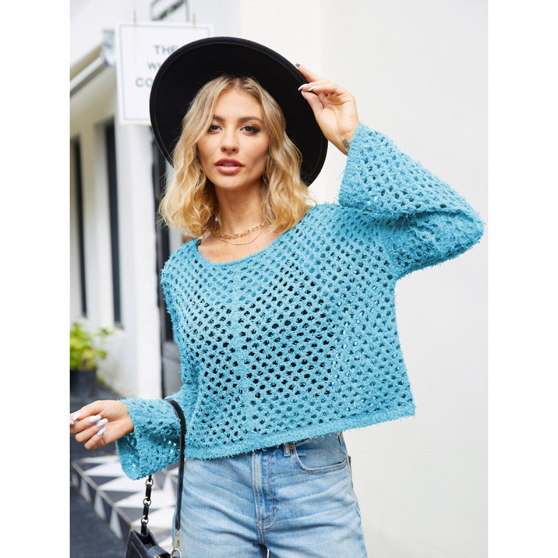 Women Pullover Sweater Blue Cut Out Jewel Neck Long Sleeves Acrylic Sweaters Casual Street Wear Daily Casual