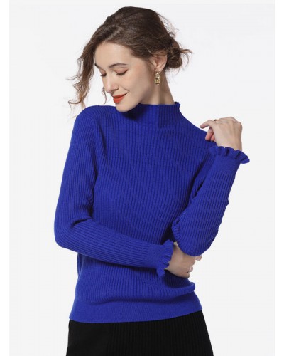 Women Pullover Sweater Blue High Collar Long Sleeves Sweaters Casual Spring Fall Winter