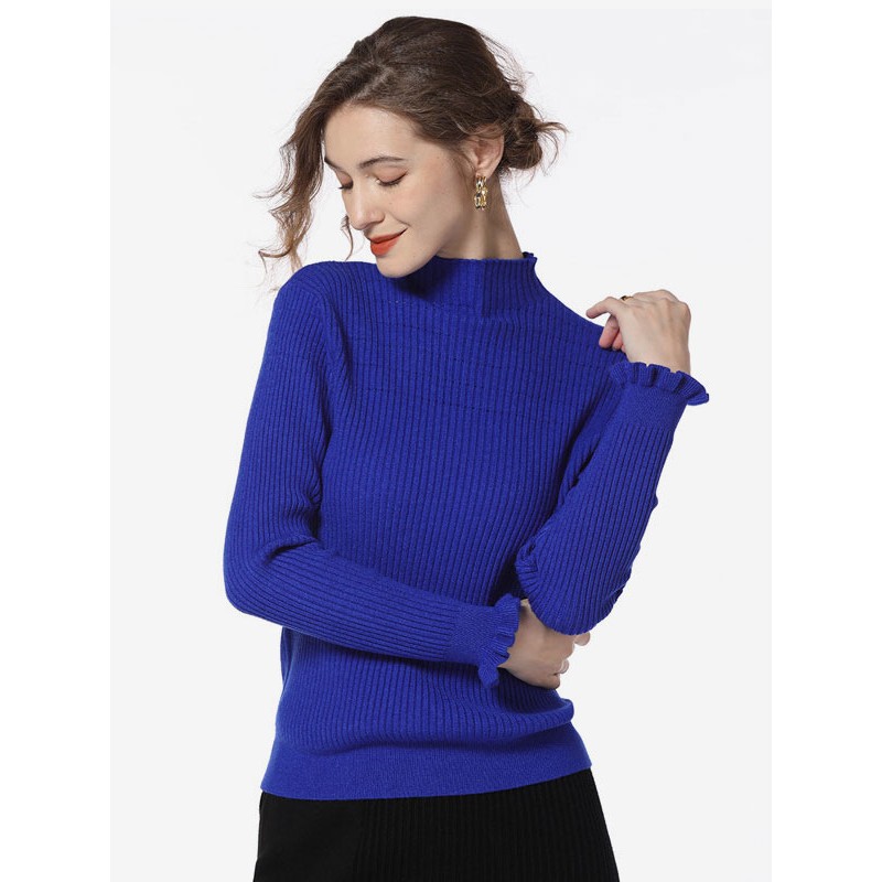 Women Pullover Sweater Blue High Collar Long Sleeves Sweaters Casual Spring Fall Winter