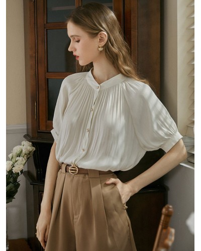 Women Shirt White Buttons Pleated Half Sleeves Satin Fabric Tops Casual Spring Summer