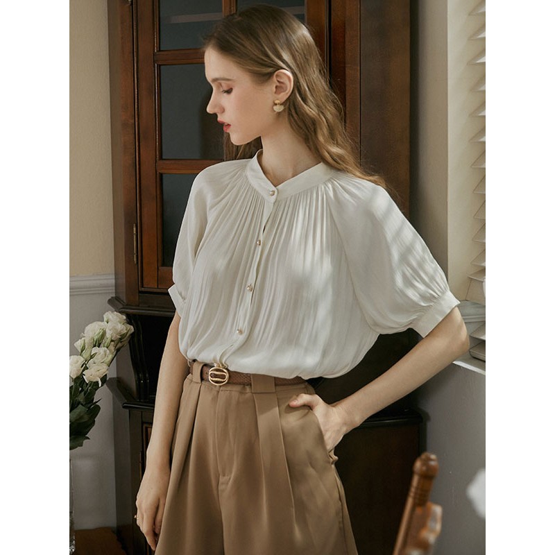 Women Shirt White Buttons Pleated Half Sleeves Satin Fabric Tops Casual Spring Summer