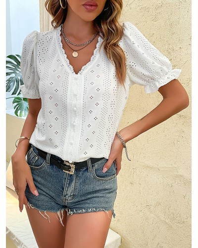 Blouse For Women White Lace V-Neck Short Sleeves Tops Beach Street Wear Dating Office  Career