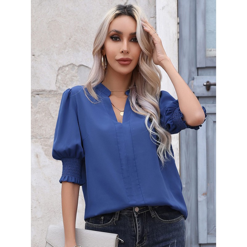 Half Sleeves Tees Black Pleated V-Neck T Shirt For Women Casual Street Wear Daily Casual