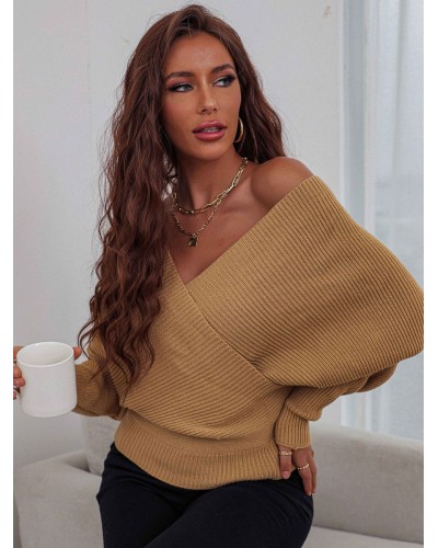 Women Pullovers Green V-Neck Long Sleeves Sweaters Casual Fall Winter