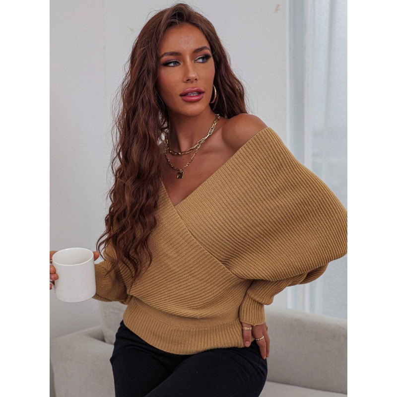 Women Pullovers Green V-Neck Long Sleeves Sweaters Casual Fall Winter