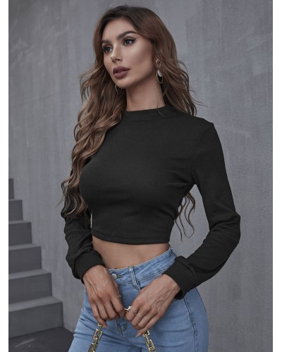 Women Crop Top Black Lace Up Jewel Neck Long Sleeves Tops Casual Street Wear Field